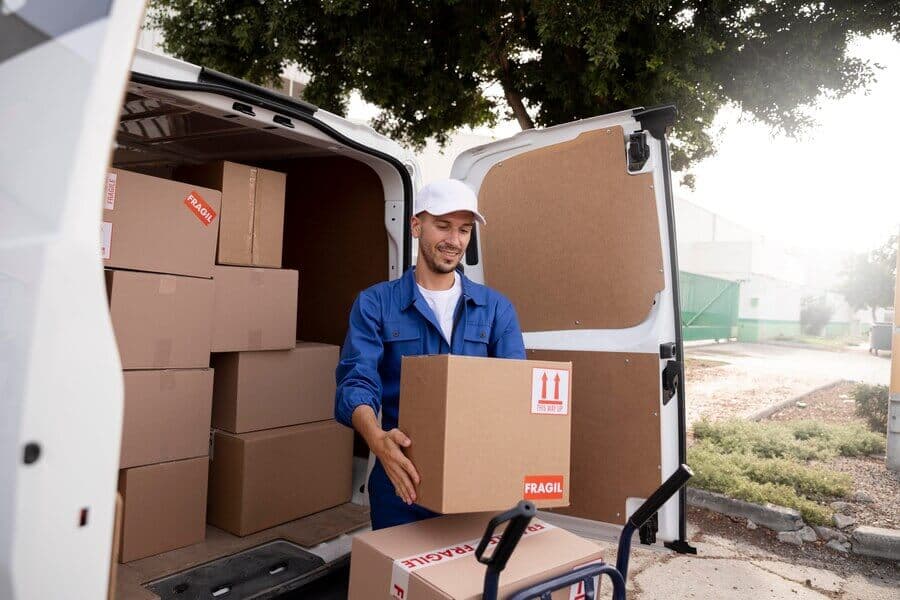 Professional mover loading boxes into a van